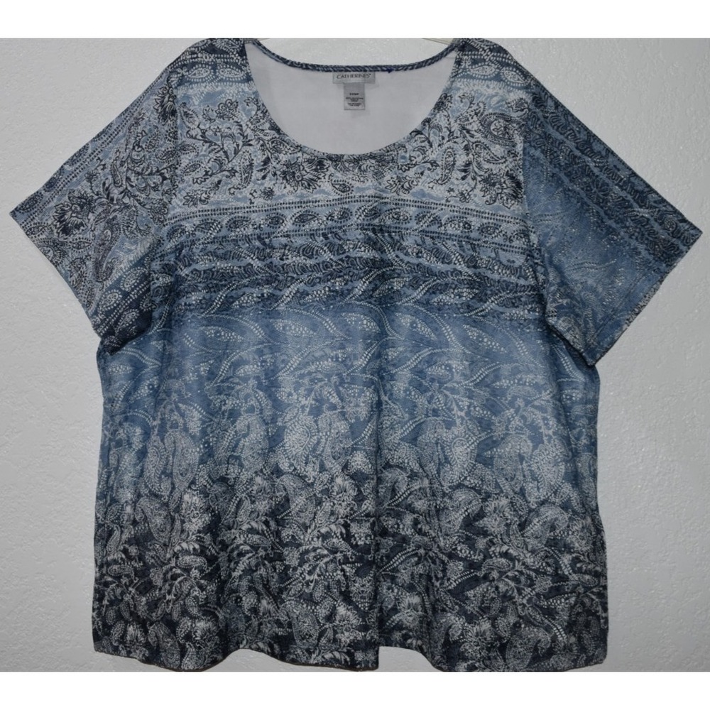 Catherines 2XWP‎ Top Lace Overlay Lined Paisley Blue Ombre Short Sleeve Pullover